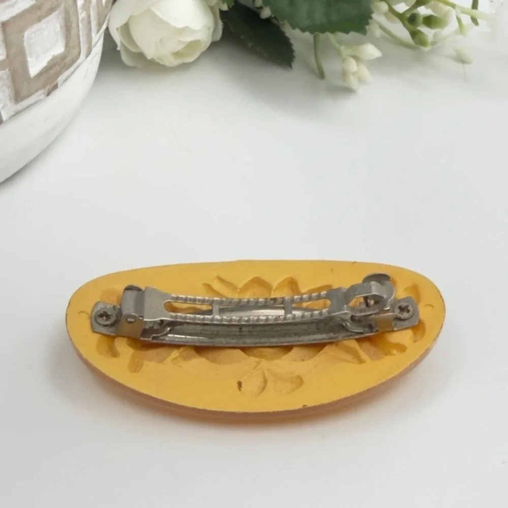 Vintage Barrette MCM Butterscotch Amber Reverse Carved Rose Floral Hair Clip